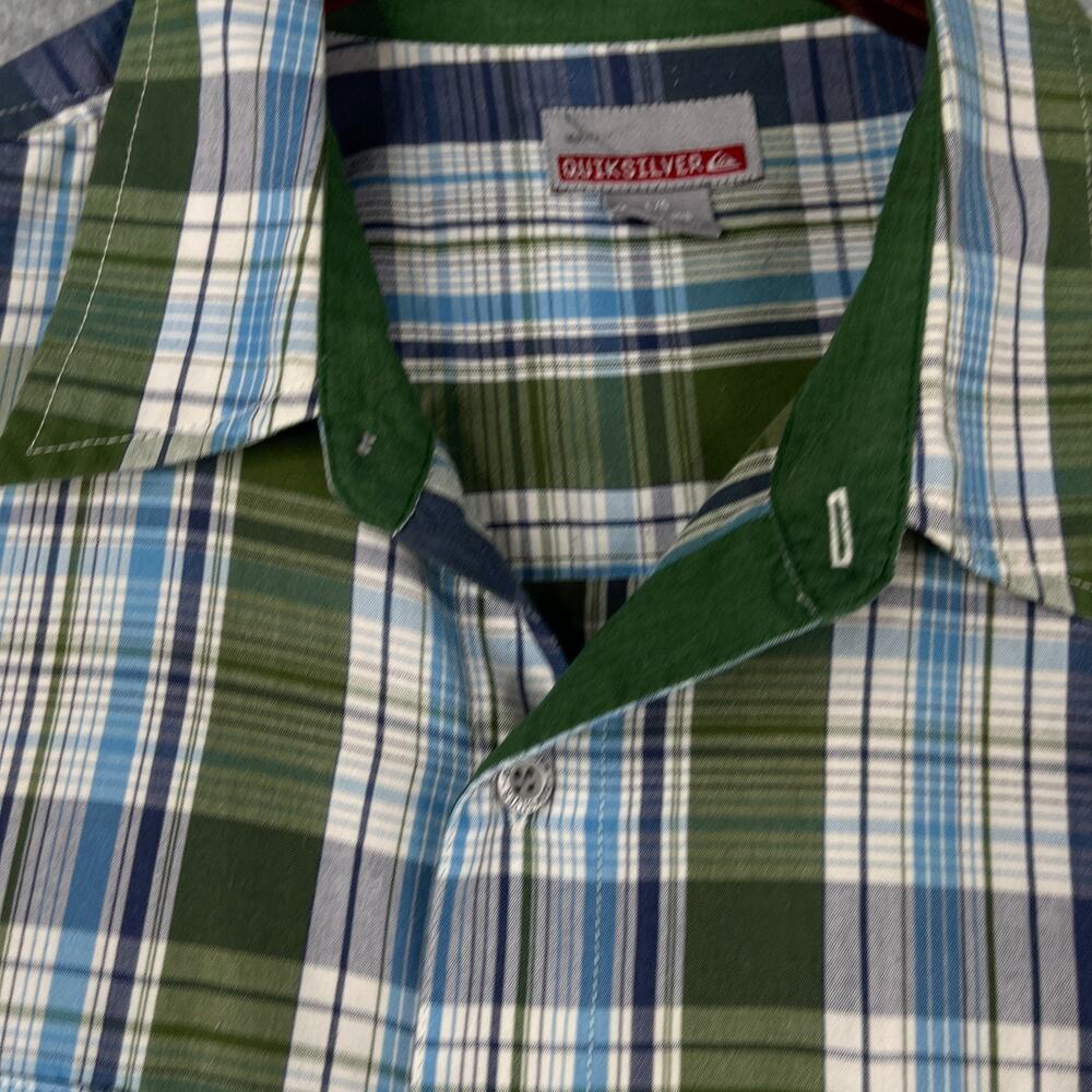 Quiksilver Plaid Shirt Green Blue Pocket beach Casual Button Up Short Sleeve L - Picture 4 of 9